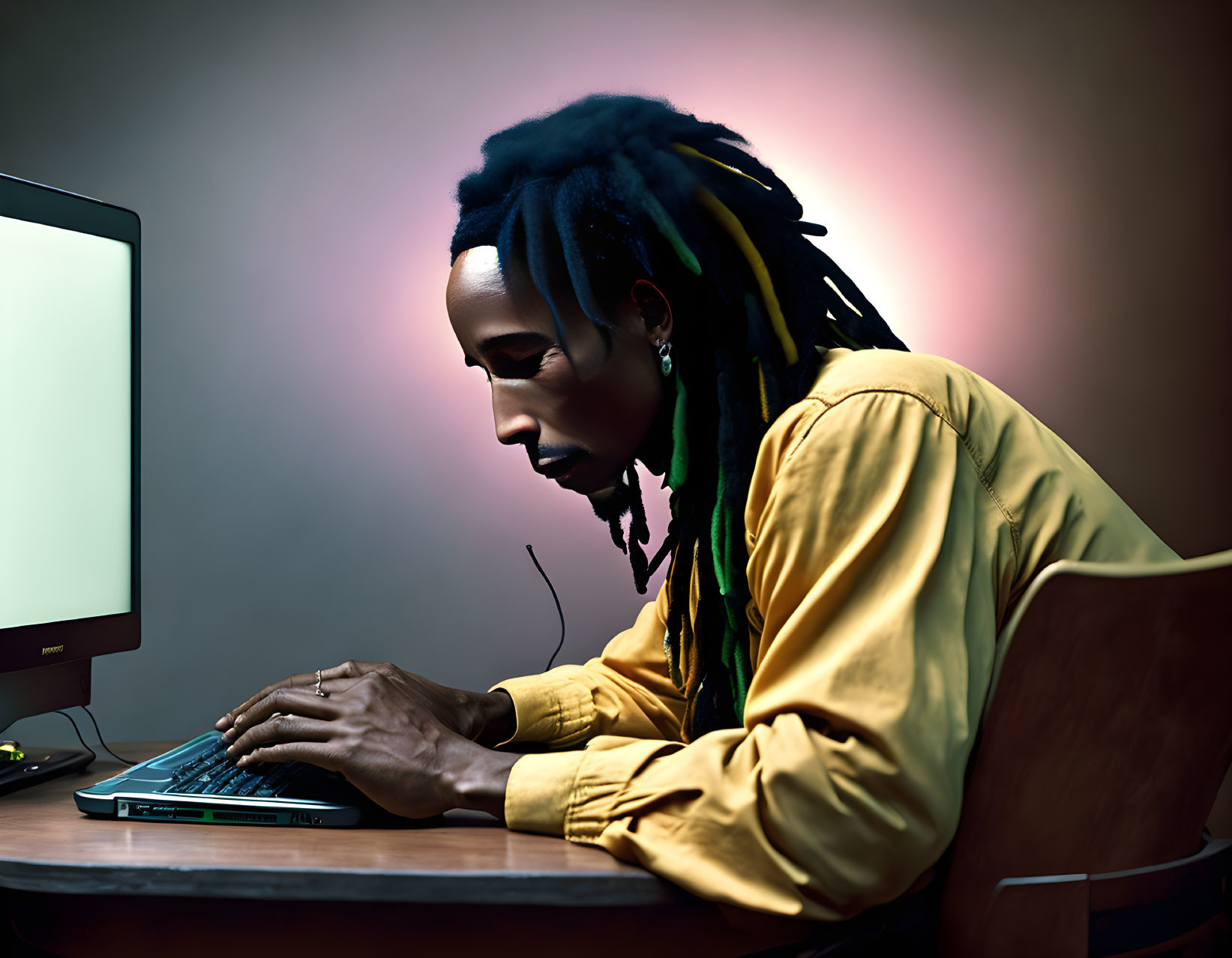 Dreadlocked person typing on keyboard in softly lit room