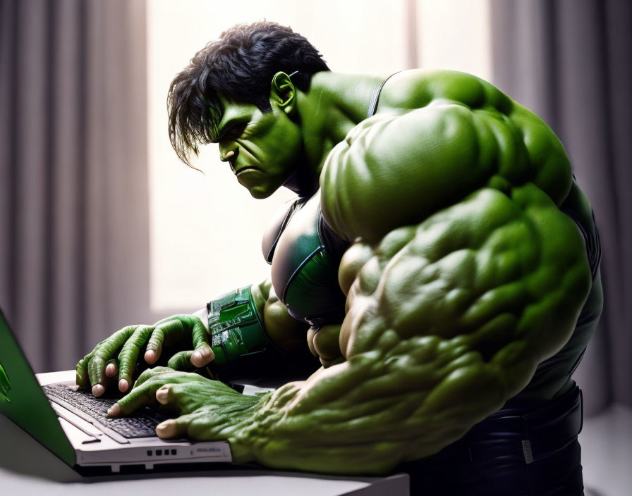 Muscular green figure resembling the Hulk typing on a laptop