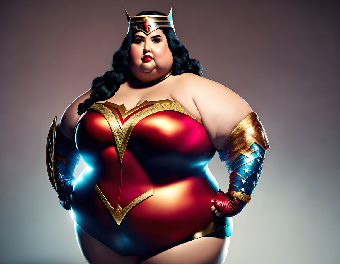 Confident plus-size woman in Wonder Woman superhero costume with clenched fists