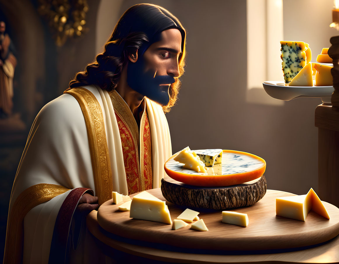 Historical man contemplating cheese platter in warm-lit room