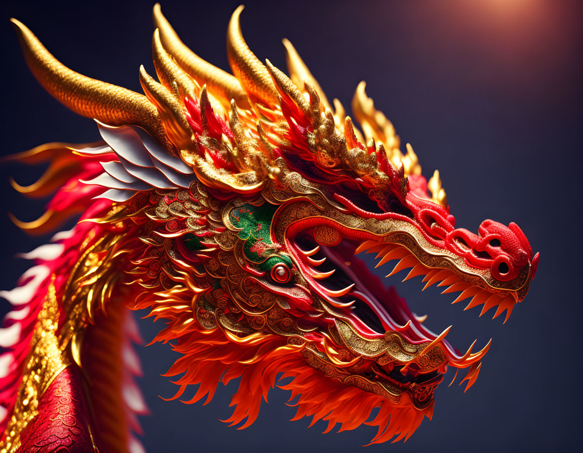 Colorful Dragon Head with Golden Accents on Dark Background