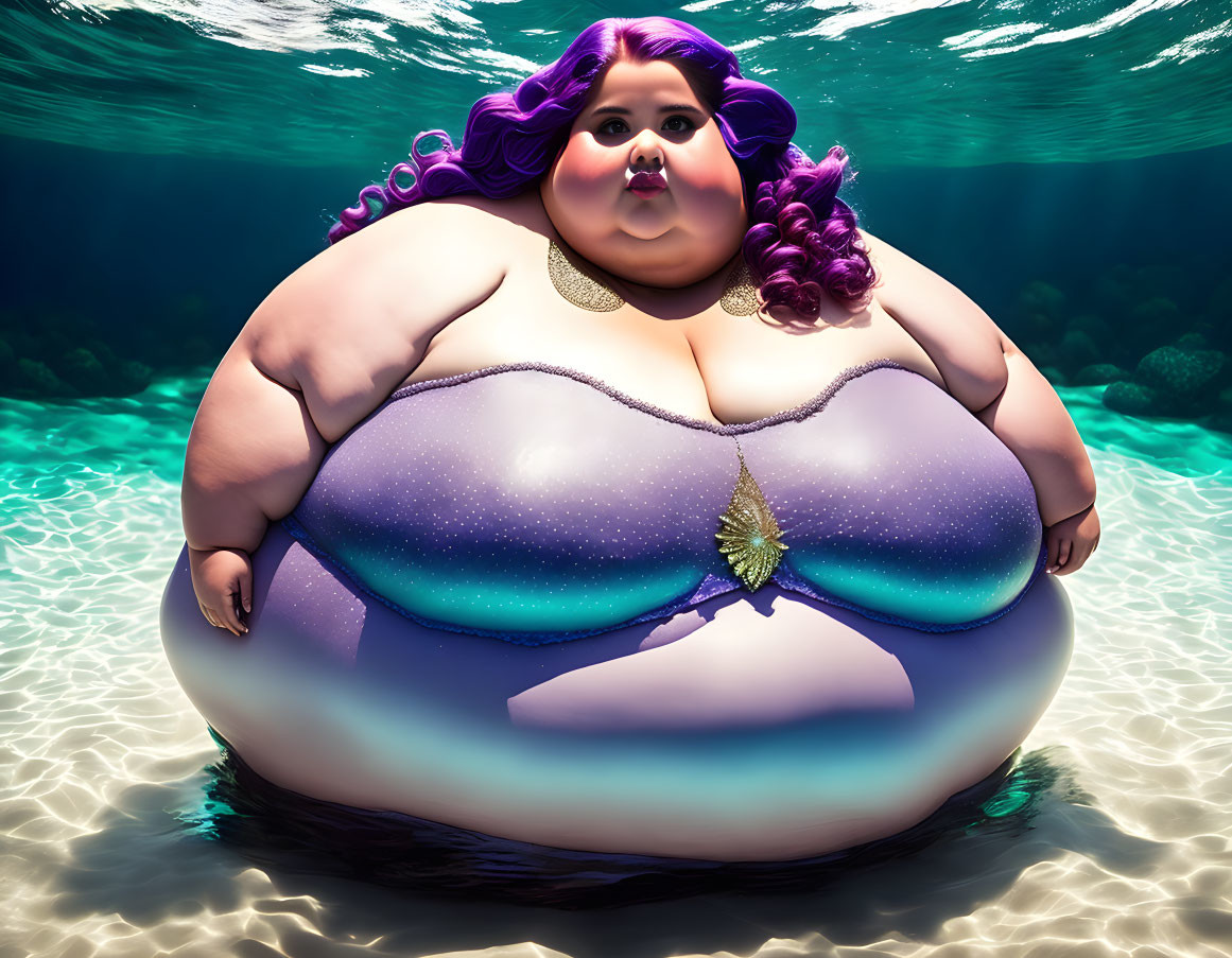 Plus-sized female character in sparkly swimsuit underwater