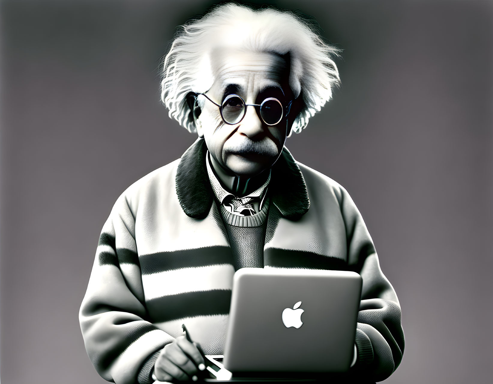 Stylized image of Albert Einstein with modern twist: laptop and Apple logo