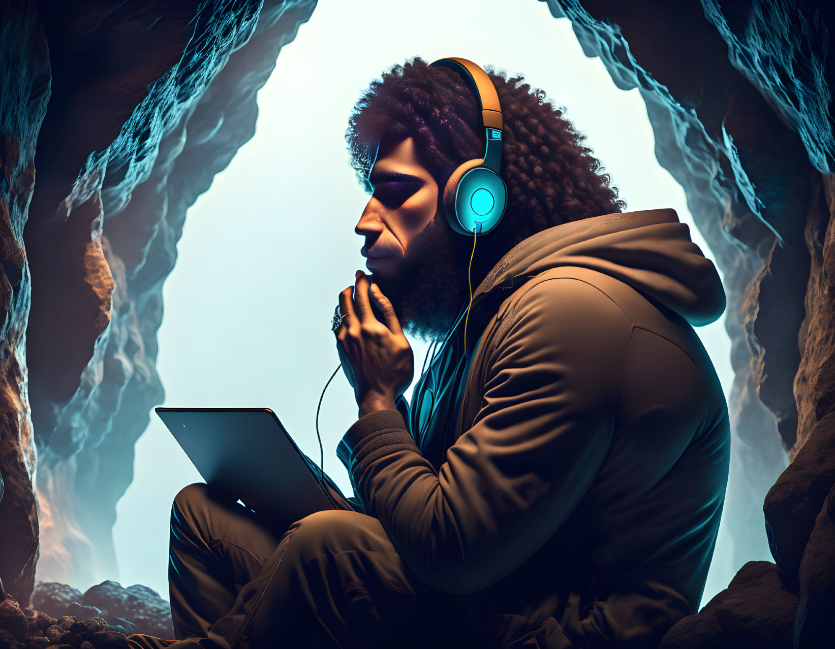 Curly Haired Person in Hooded Jacket Listening to Music in Cave Setting