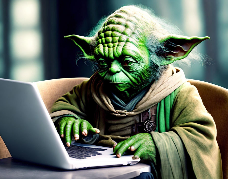 Digital artwork: Yoda from Star Wars using a laptop with focused expression