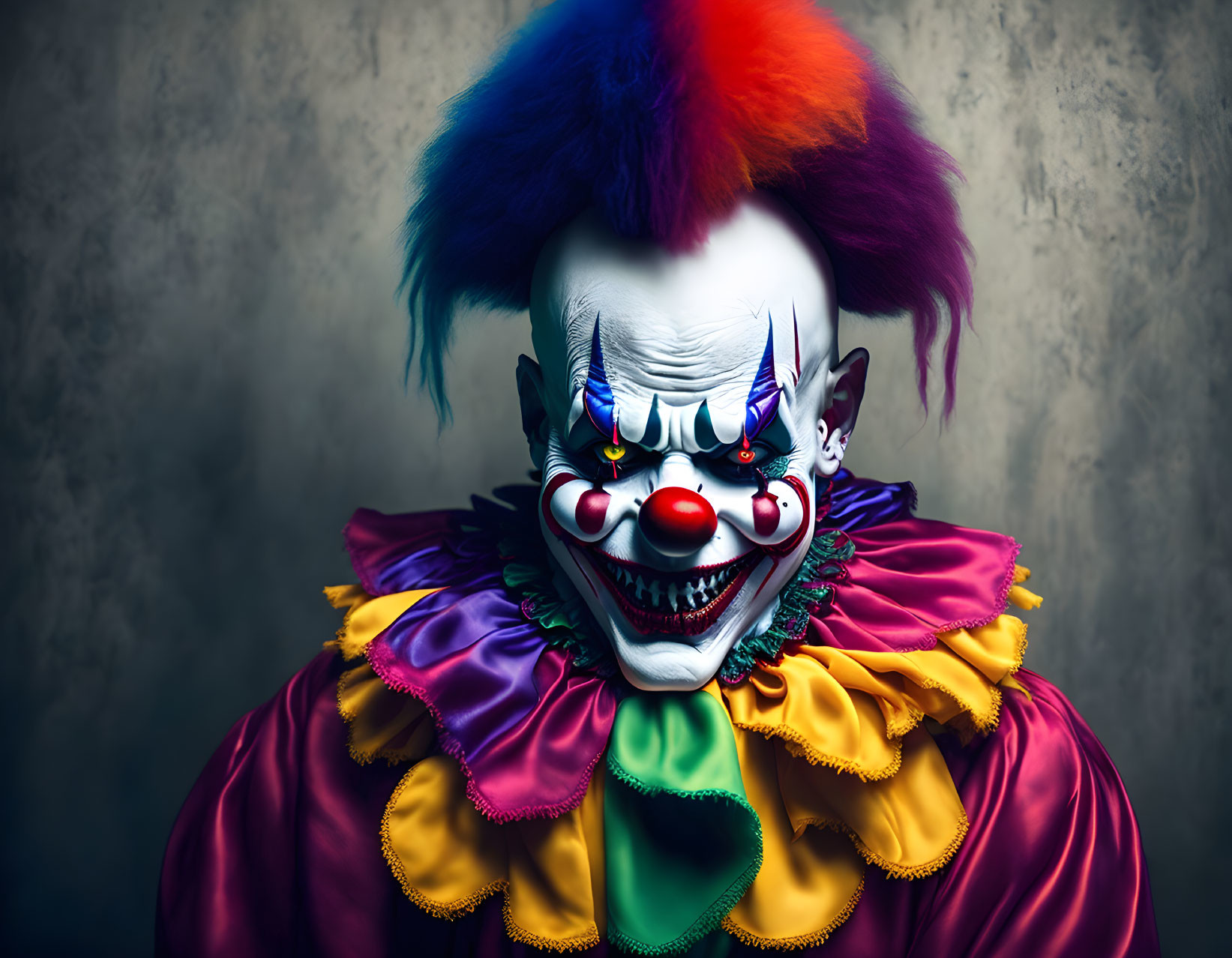 Menacing clown with white face, red nose, colorful hair, and ruffled collar against muted background