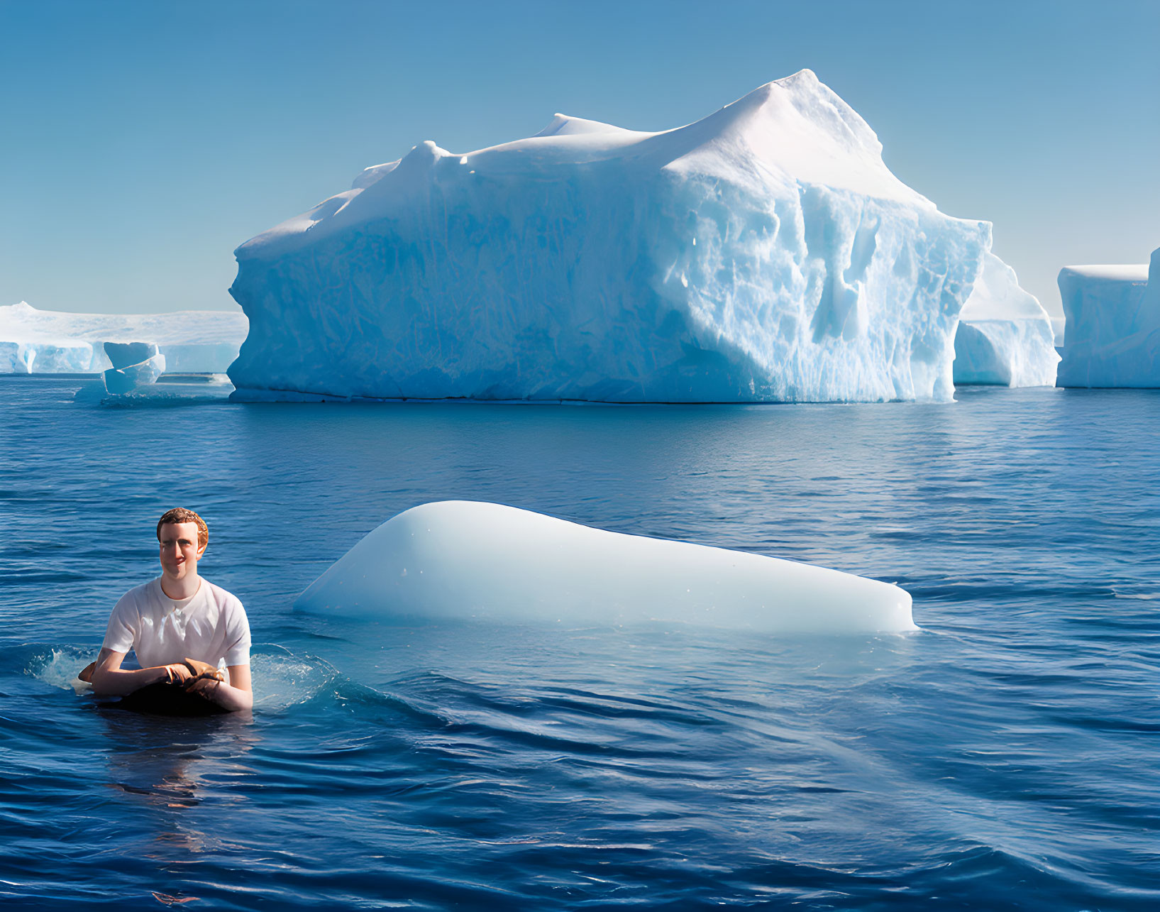 Person wading in water surrounded by icebergs under blue sky