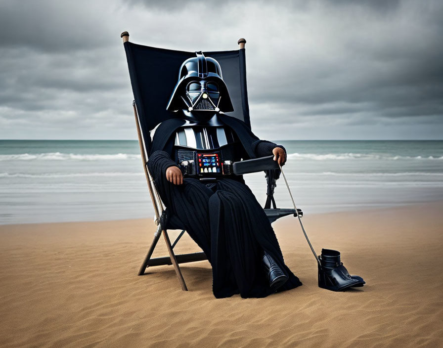 Person in Darth Vader costume on beach chair with ocean background and sand shovel