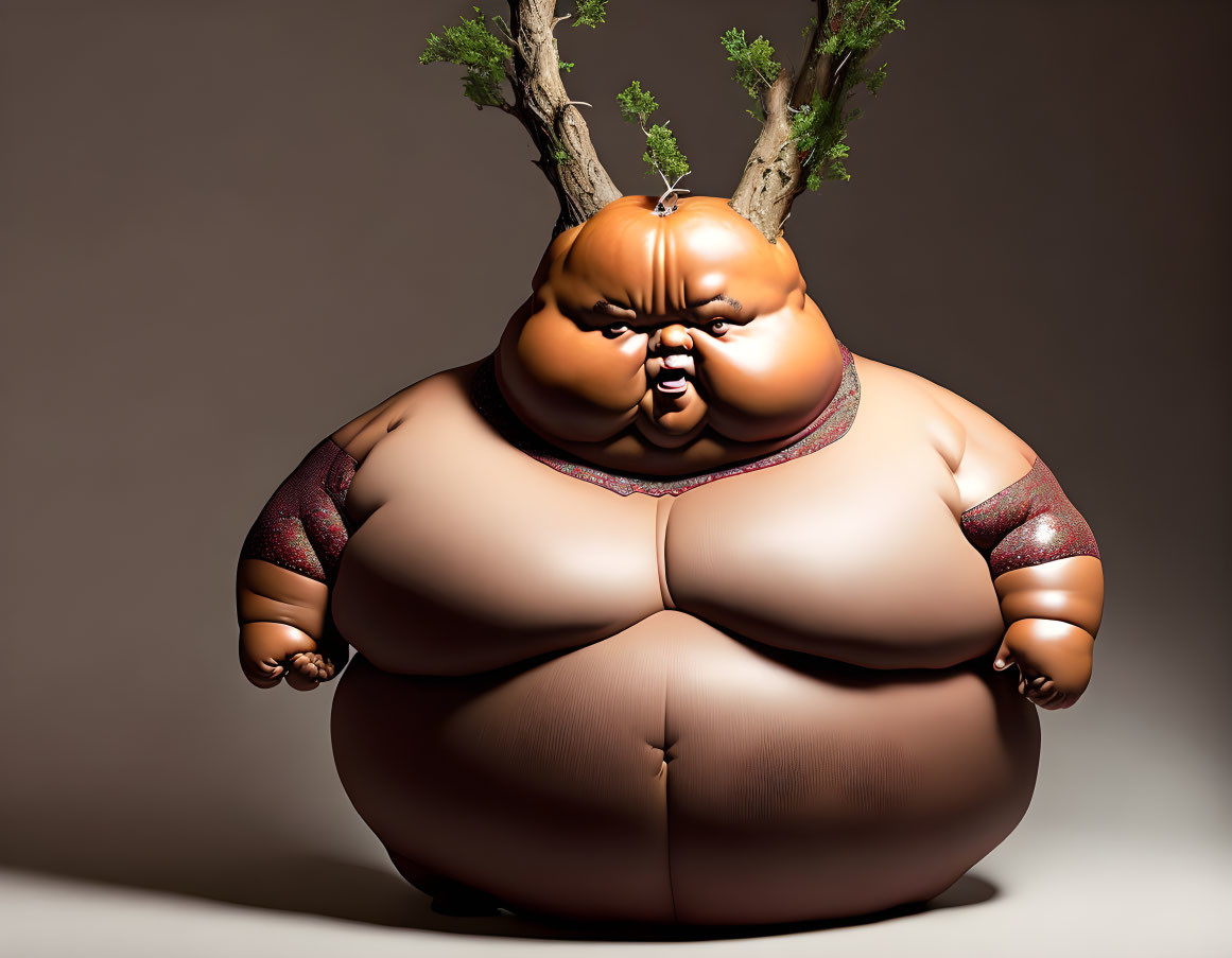 Rotund character with tree branches in 3D illustration