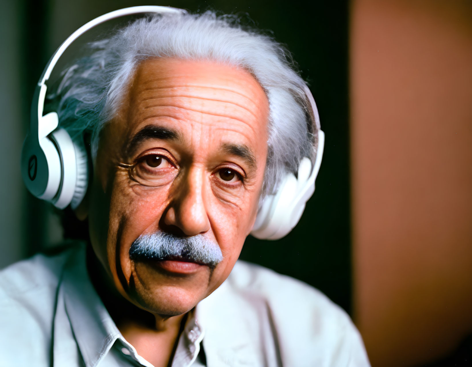 Close-Up Portrait of Person Resembling Albert Einstein with Headphones