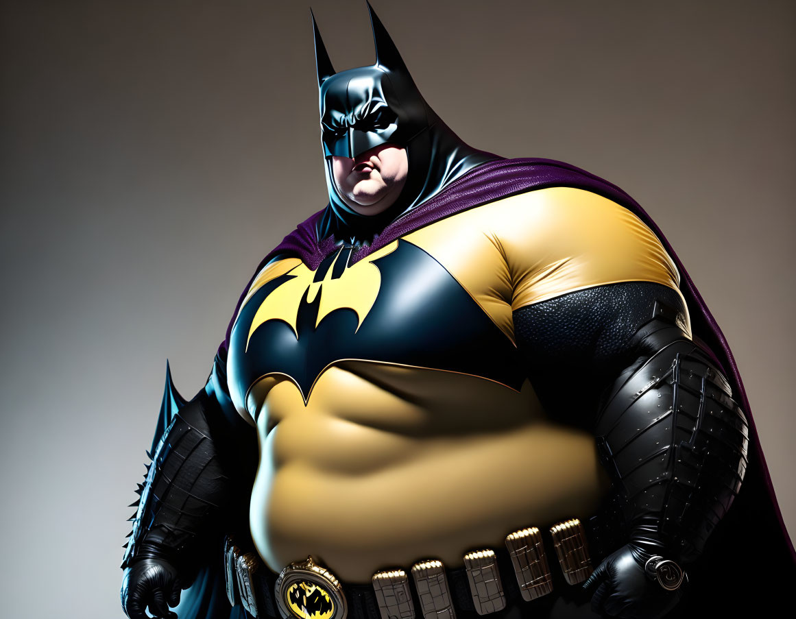 Overweight Batman character in classic bat suit and cape