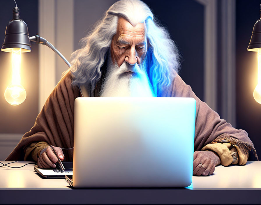 Elderly wizard using laptop under desk lamps with blue glow