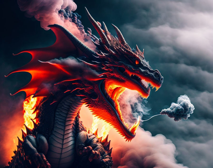 Fiery red dragon digital art against dramatic sky