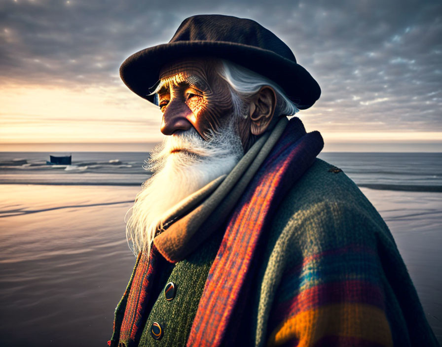 Elderly Man in Hat and Scarf on Beach at Sunset with Boat