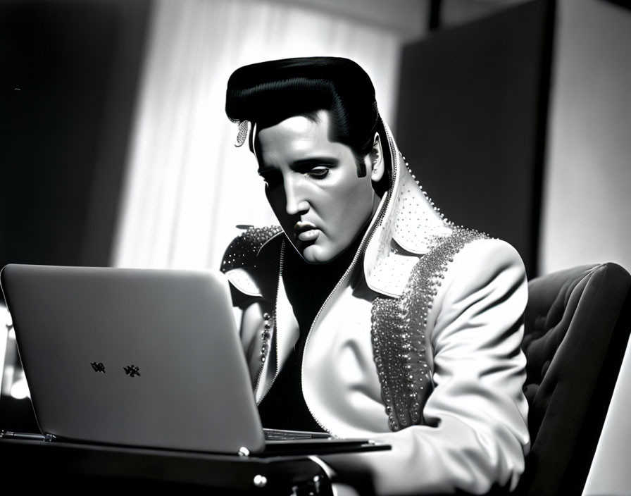 Monochrome illustration of male figure in rhinestone jacket with laptop