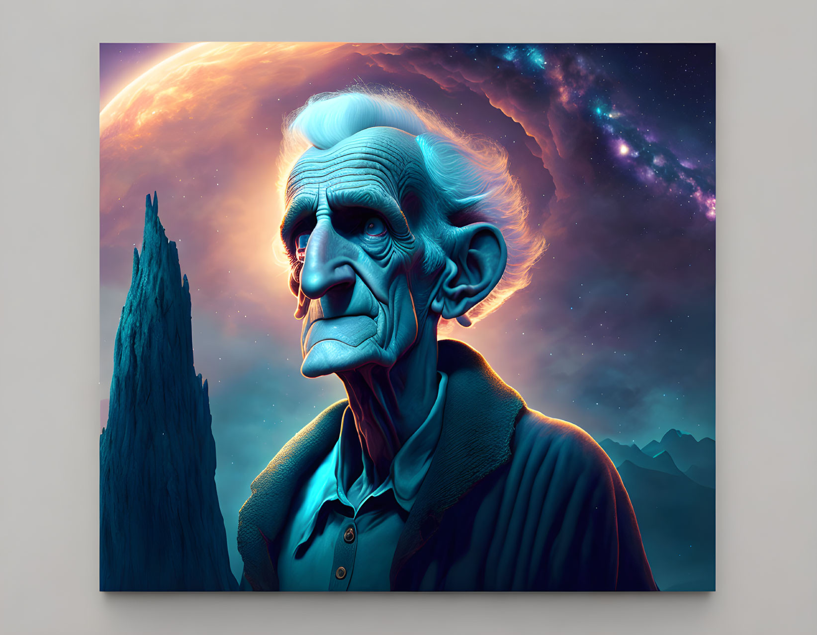 Elderly person digital portrait with cosmic backdrop