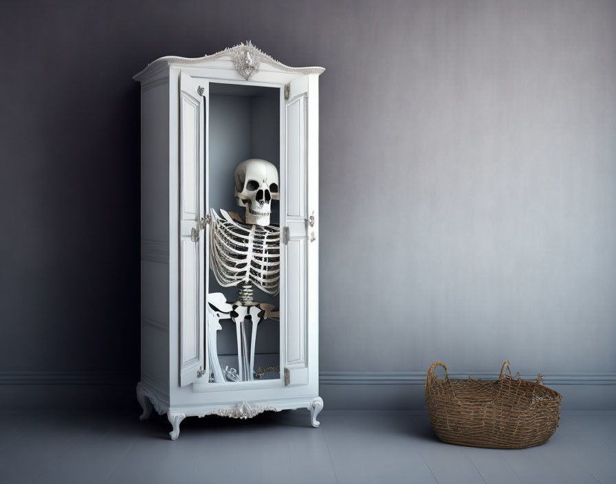 Human skeleton in white antique wardrobe with open door, next to woven basket on gray wall.