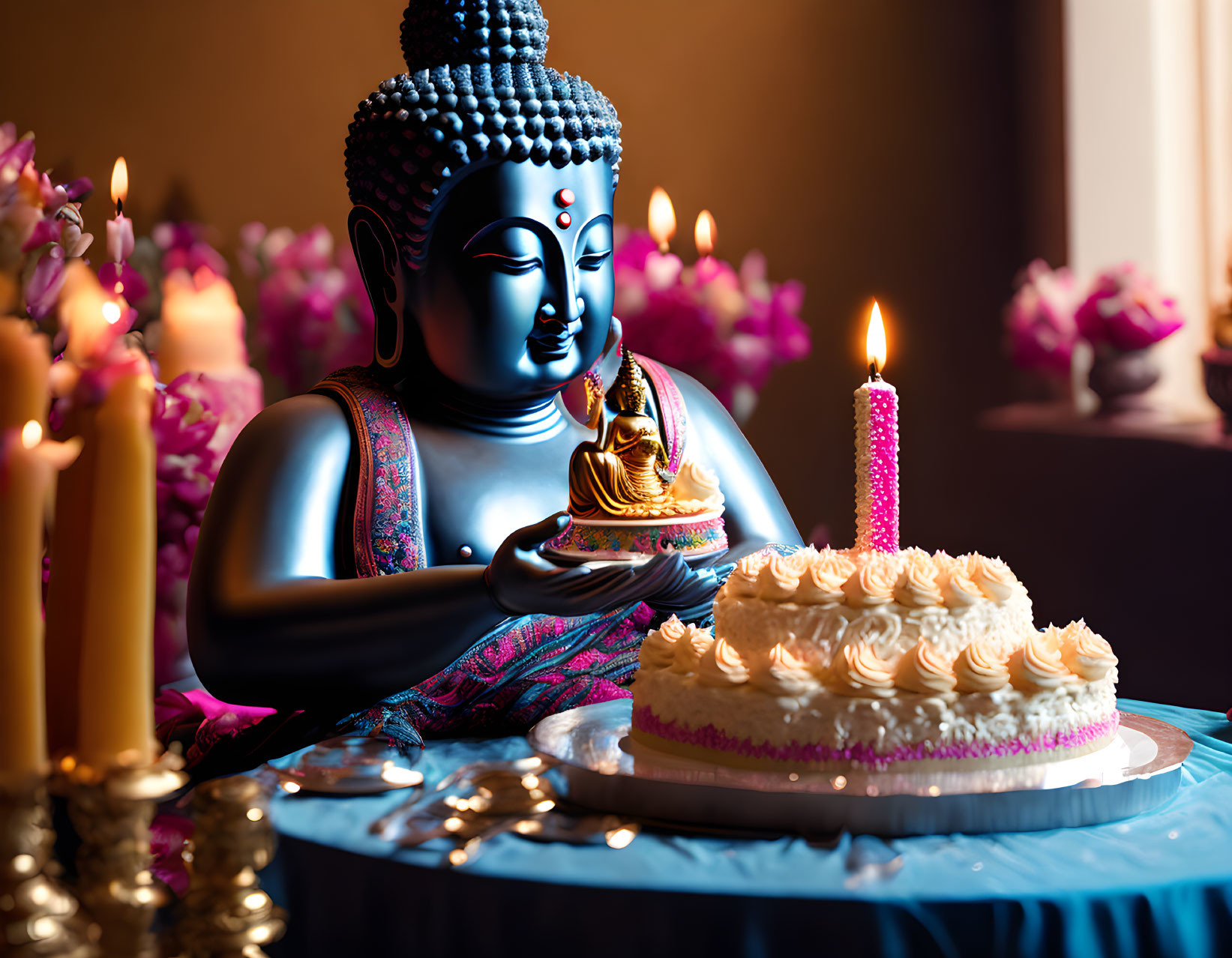 Buddha statue with golden figurine, candle, and cake surrounded by candles