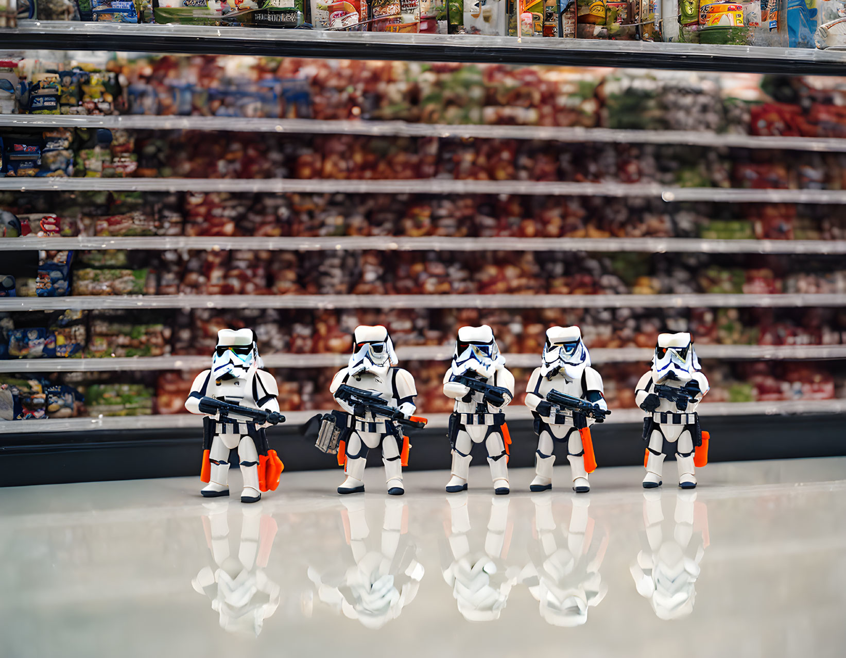 Five Stormtrooper Action Figures in Supermarket Aisle Display