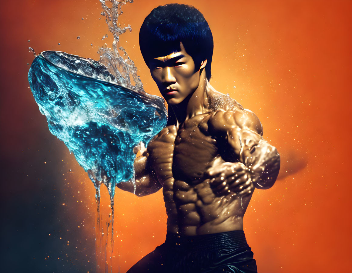 Muscular man in martial arts pose with water splash on orange background