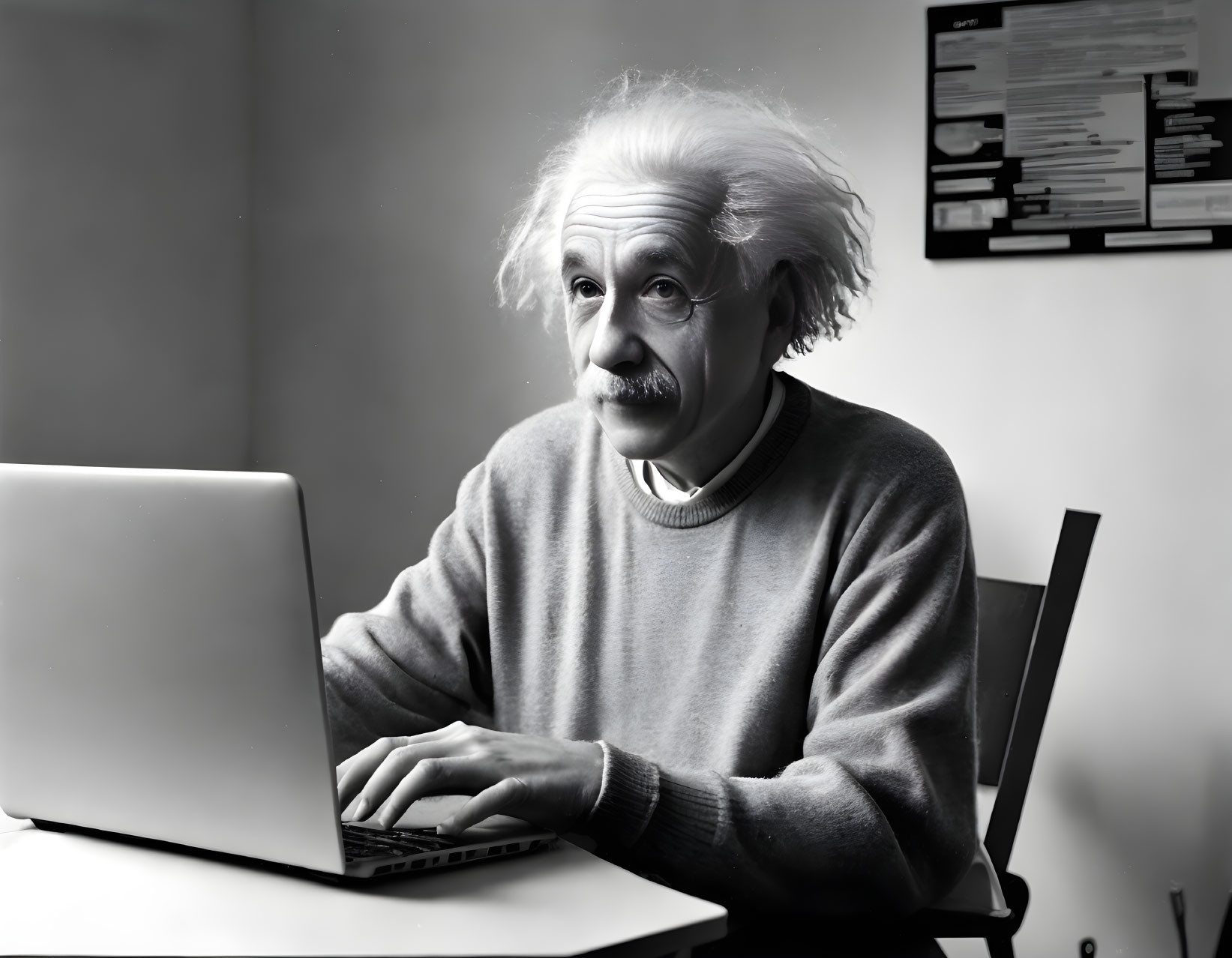 Monochrome photo of person resembling Albert Einstein on laptop