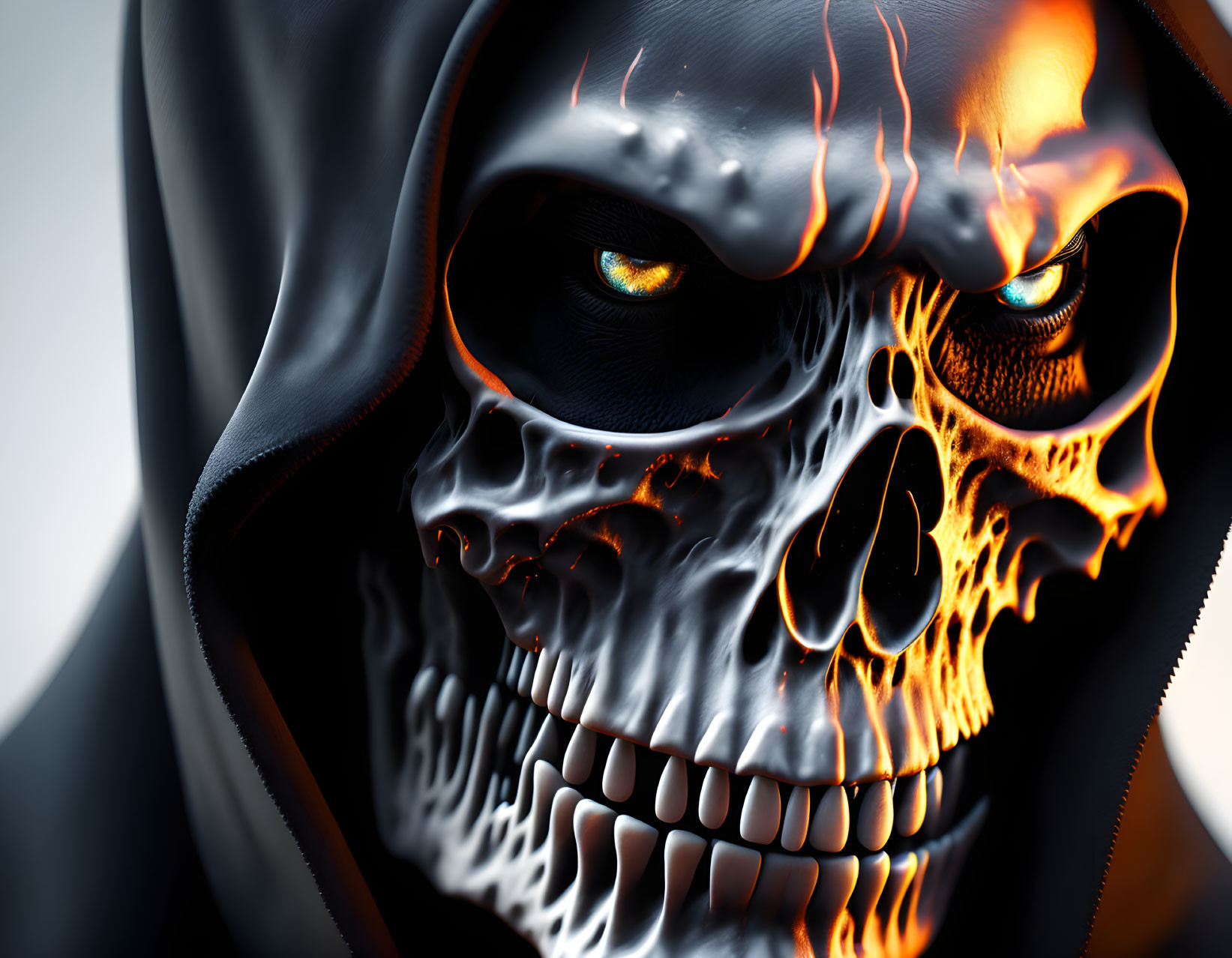 Detailed Skull Illustration with Fiery Design and Glowing Orange Eyes