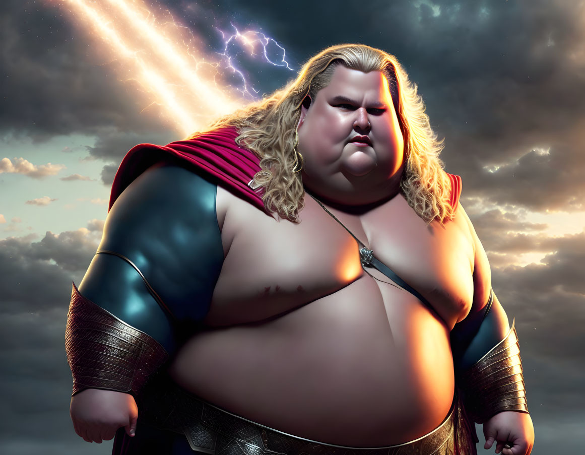 Stylized illustration of plus-sized superhero with cape under dramatic sky