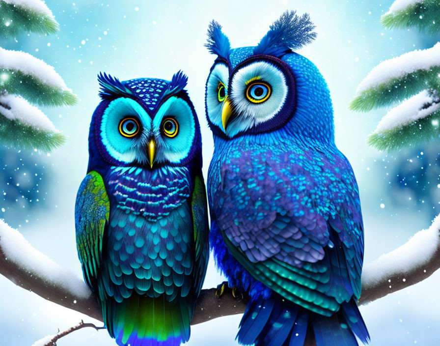 Colorful Stylized Owls Perched on Branch with Snowflakes on Blue Background