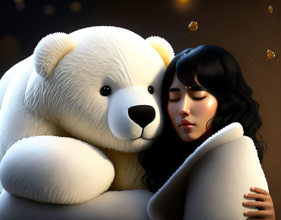 Woman embracing fluffy polar bear under soft light