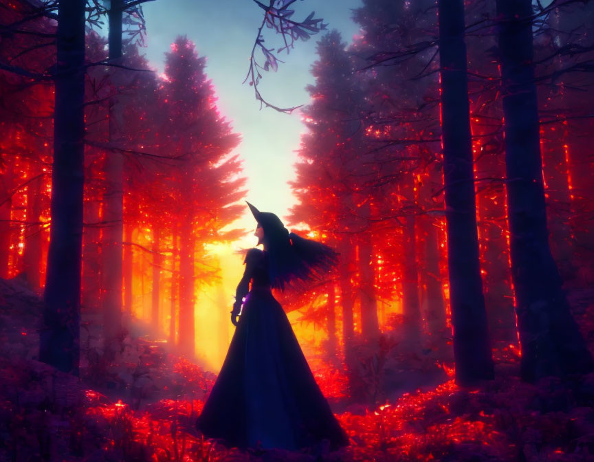 Silhouette of Person in Cape in Enchanting Forest with Red-lit Trees