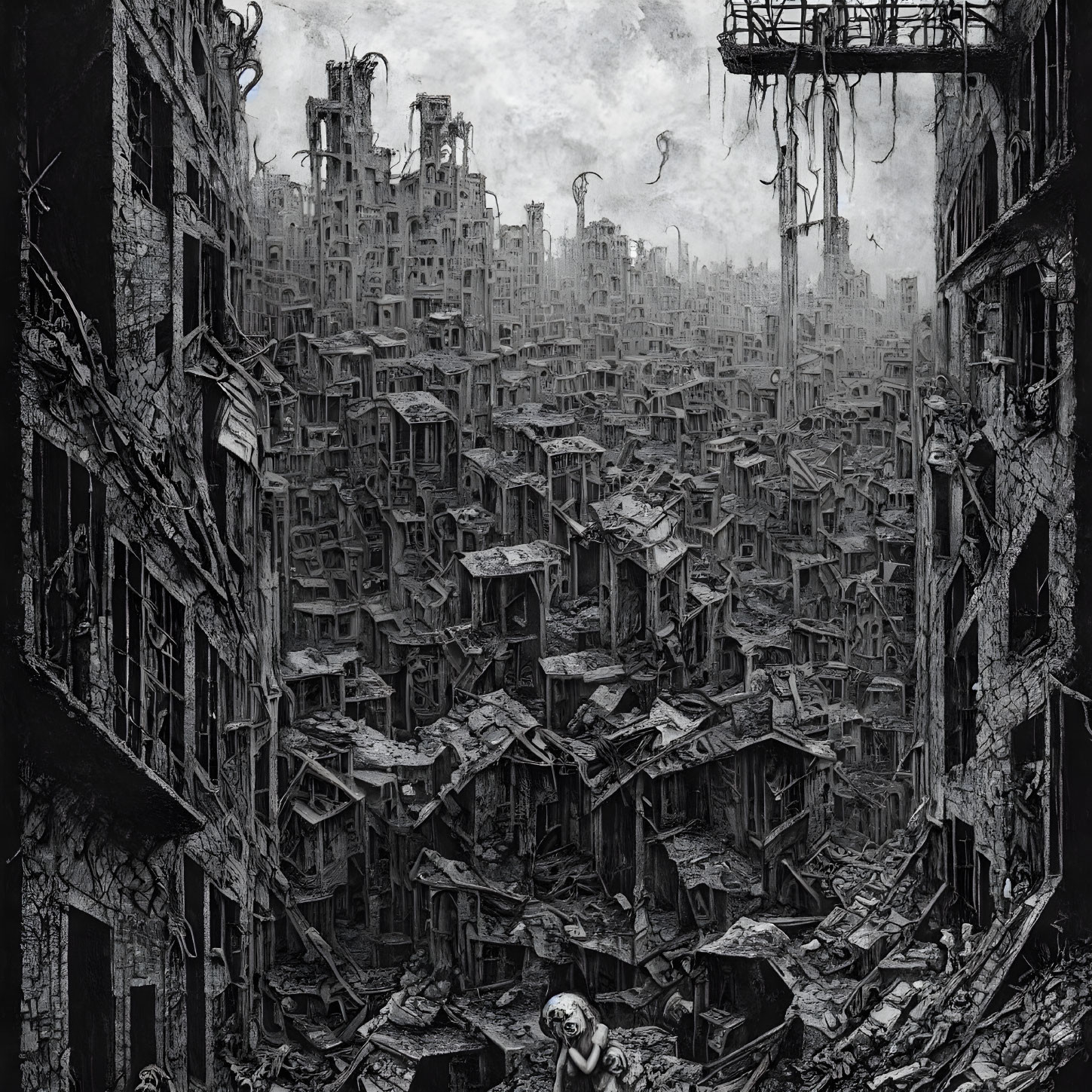 Monochrome illustration of dilapidated cityscape with lone figure