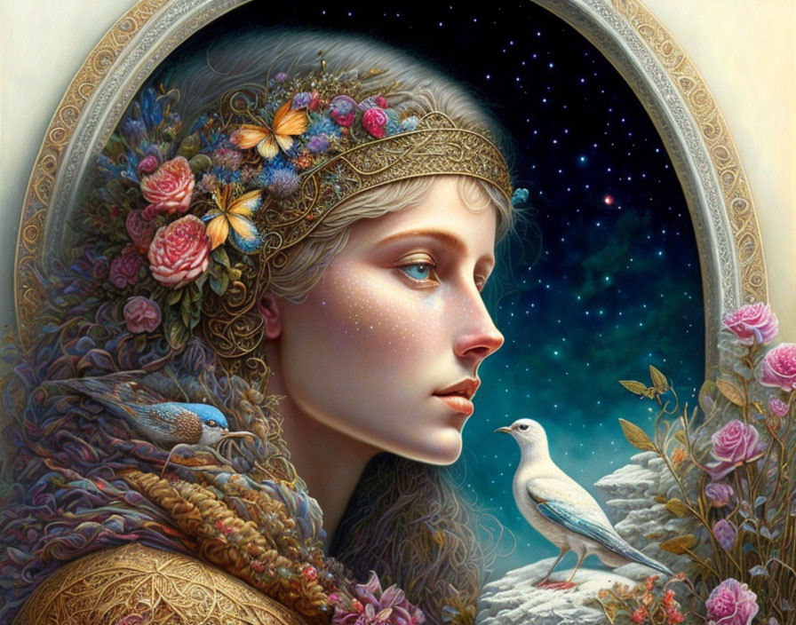 Detailed Artwork: Woman with Floral Crown, Birds, and Starry Night Background in Arched Frame