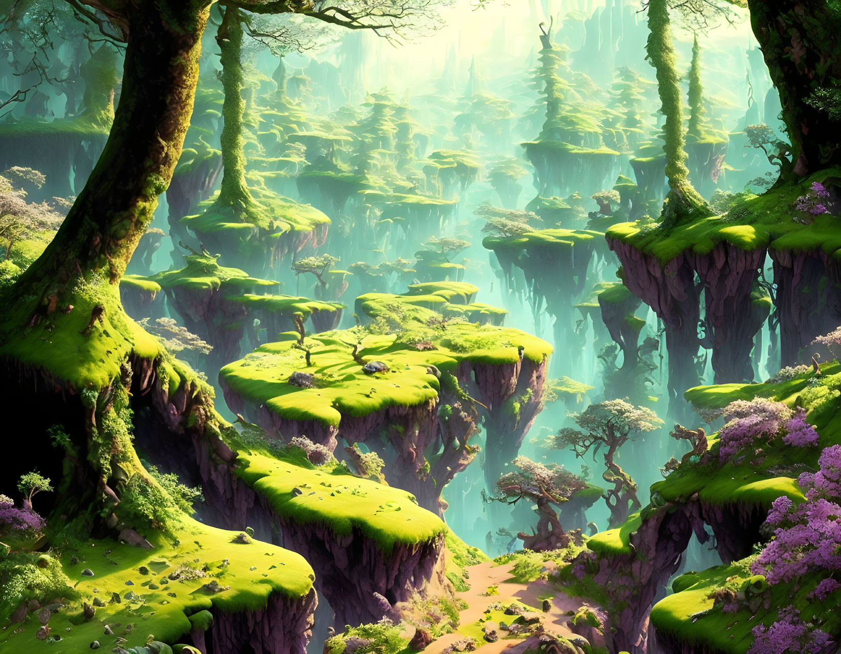 Mystical forest with vibrant greenery and floating islands