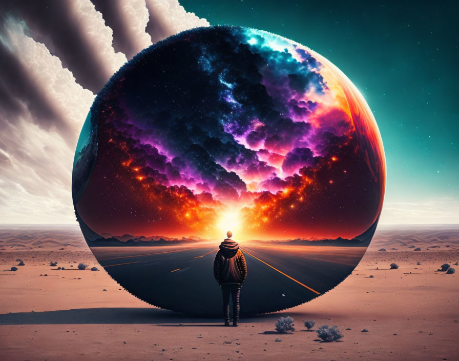 Person on desert road gazes at surreal cosmic orb in dusky sky