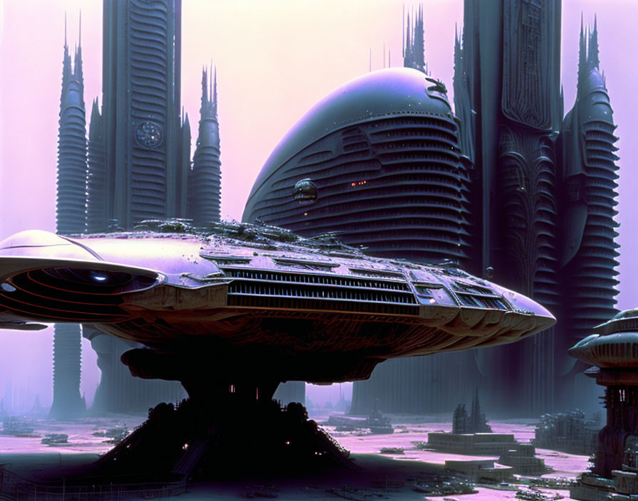 Futuristic cityscape with skyscrapers, dome building, and spaceship in pink sky