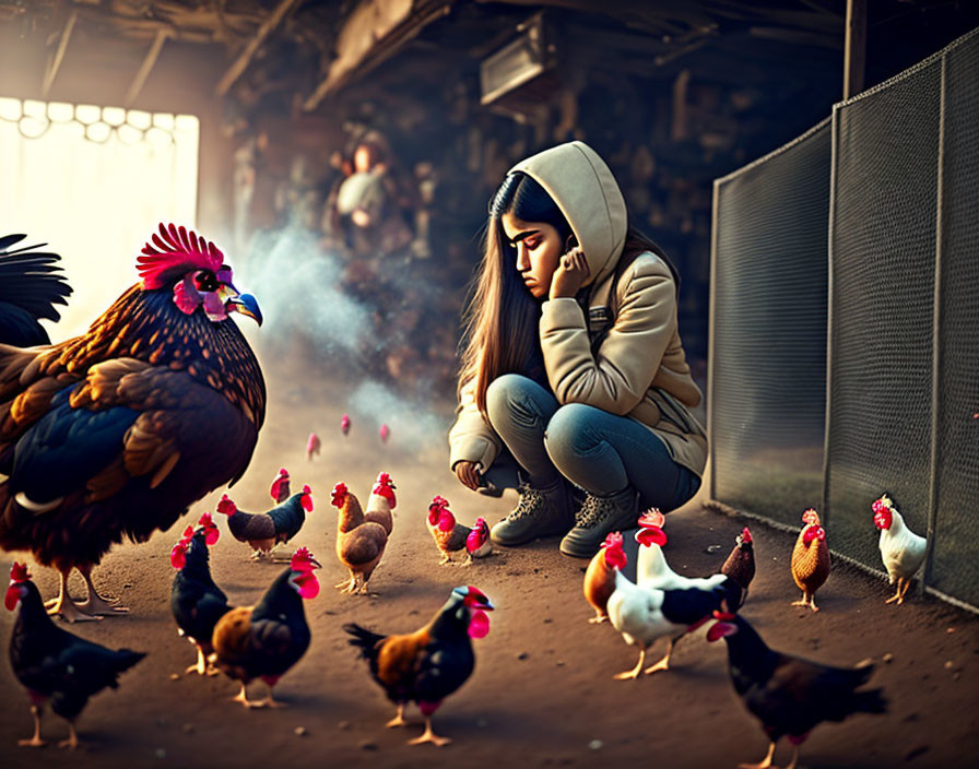 Person in Hoodie Surrounded by Chickens in Rustic Setting