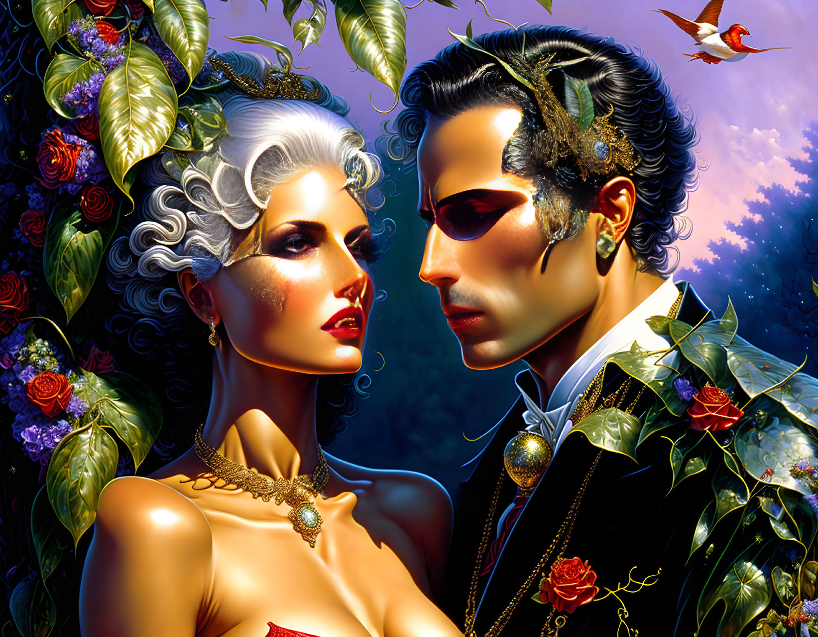 Stylized man and woman with elaborate attire in lush nature scene