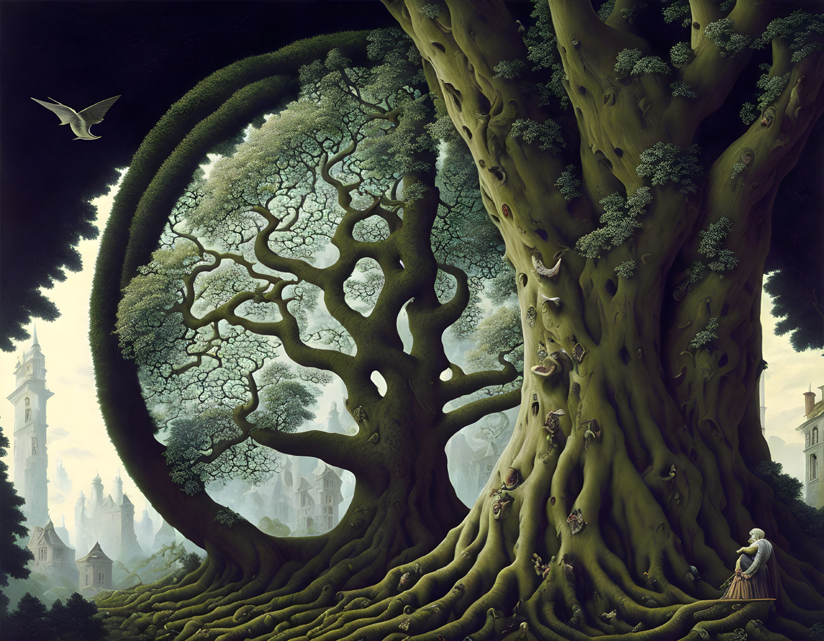 Surreal artwork: giant tree, maze canopy, hidden faces, mystical city, twilight sky