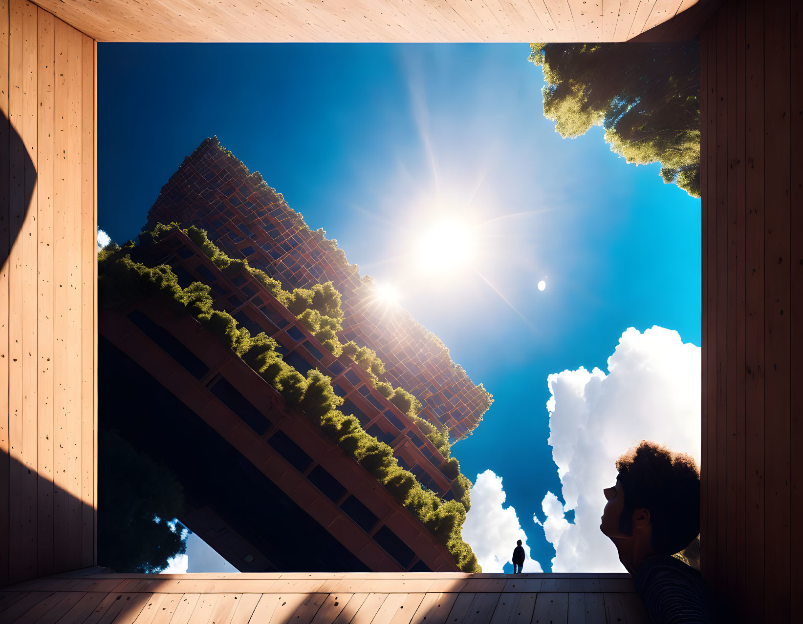 Person gazes at plant-covered building under blue sky