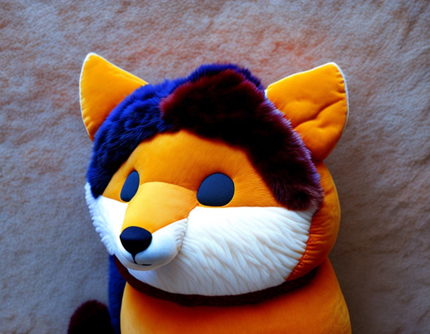 Cartoonish fox plush toy with blue and orange fur and big black eyes