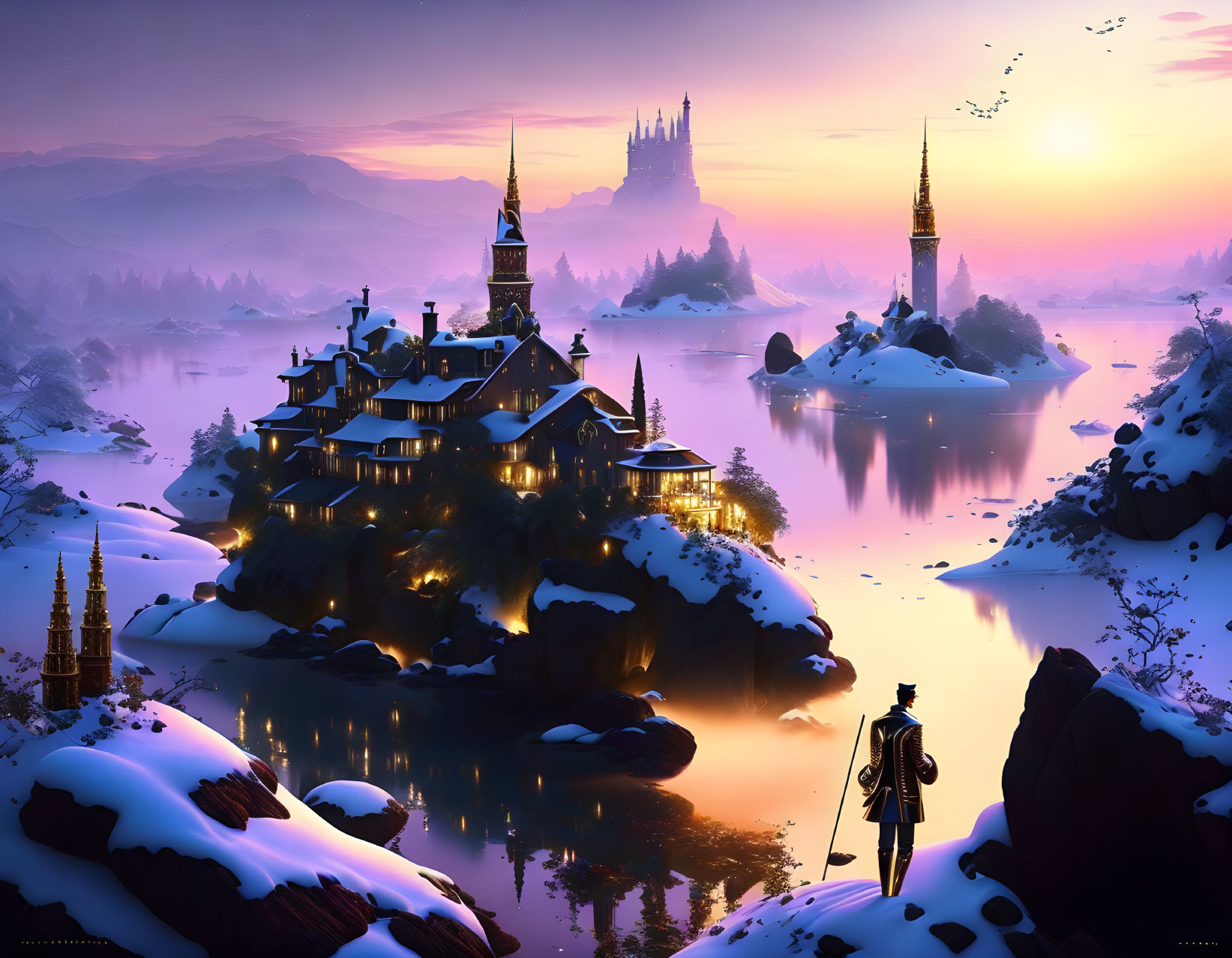 Person admiring winter village on snow-covered rocks at dusk