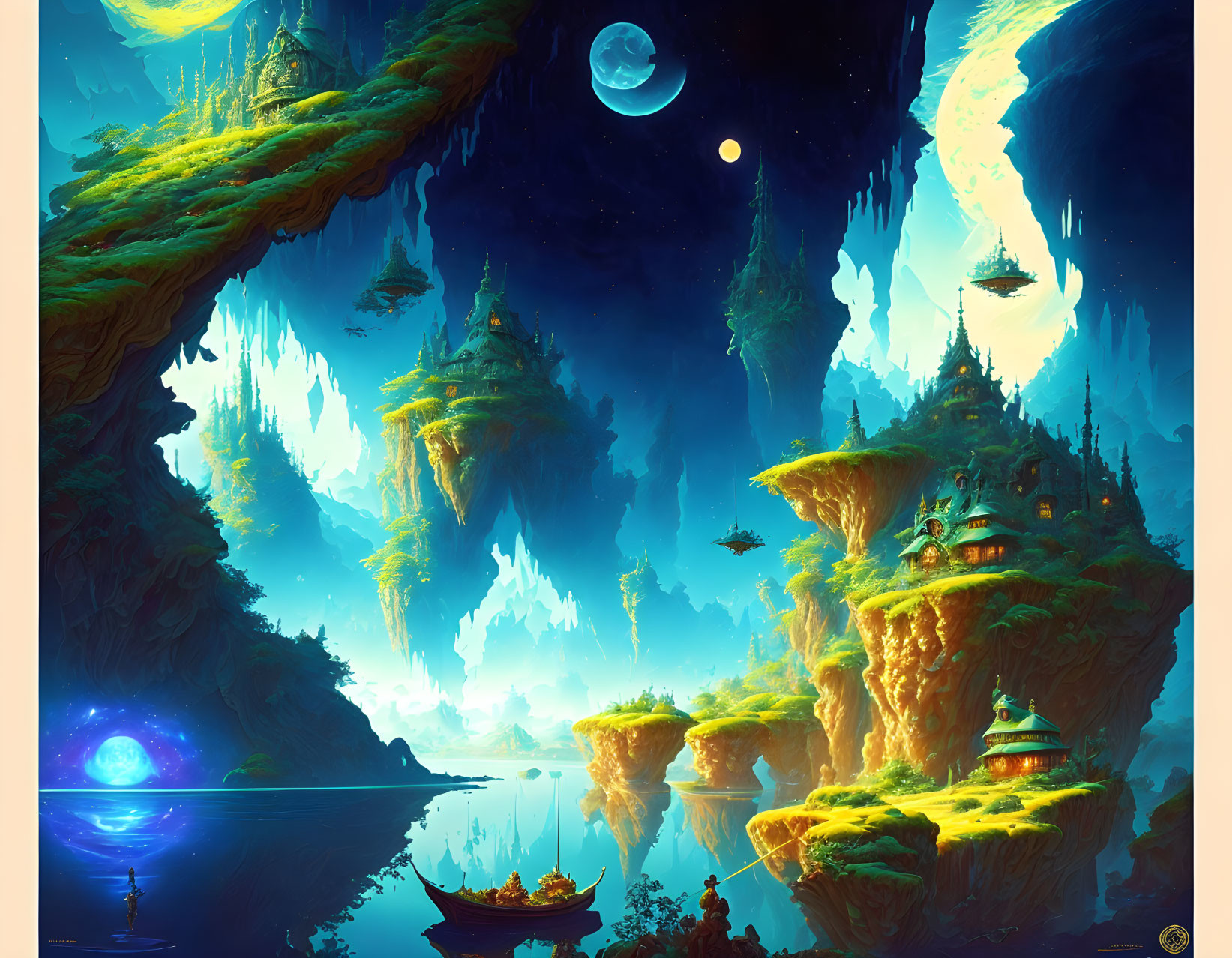 Fantasy landscape with floating islands, waterfalls, and hovering ships