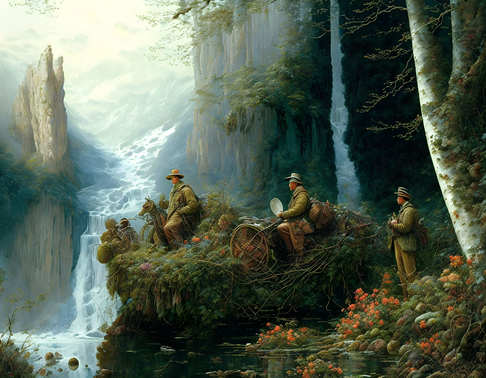 Three people in historical attire on floating island with swan, surrounded by waterfalls, forests, and