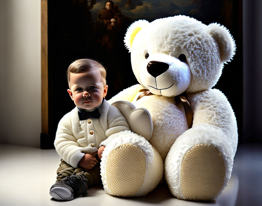 Toddler in beige cardigan with white teddy bear in soft lighting