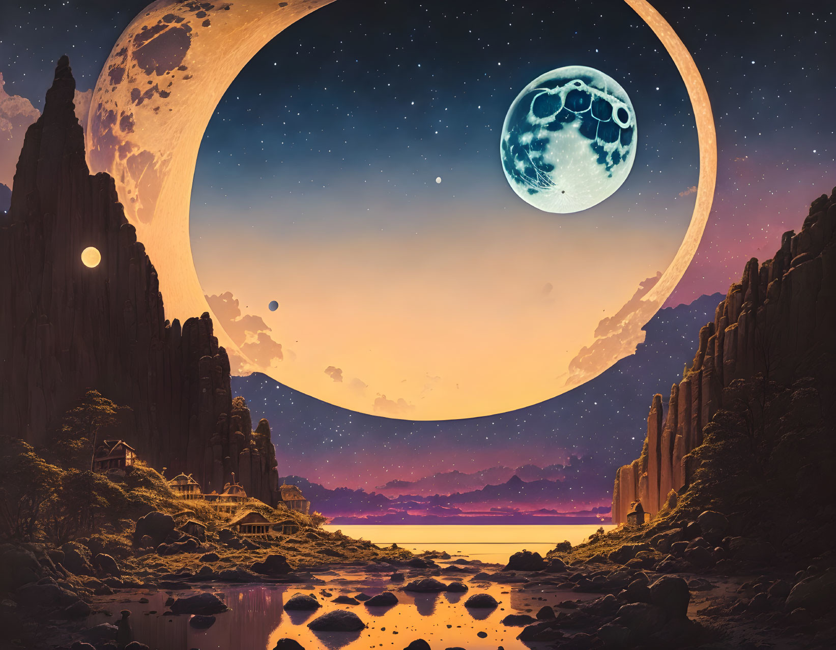 Fantastical landscape with moon, planet, rocky terrain, house on stilts, and sunset.
