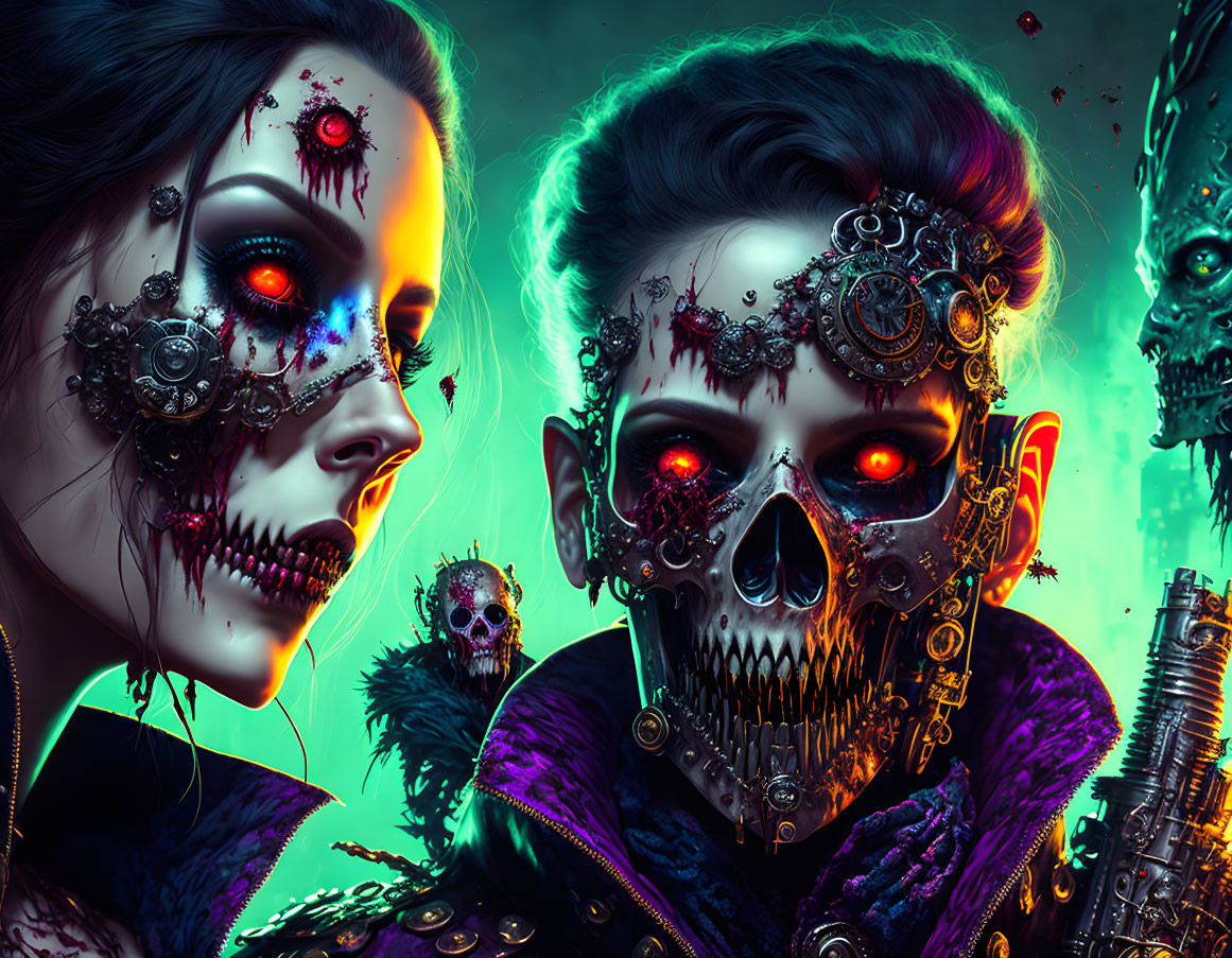 Detailed artwork of three robotic skeletal figures with cybernetic enhancements and red glowing eyes on neon-lit