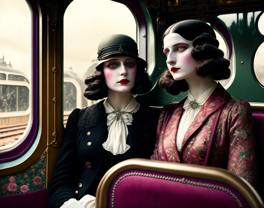 Vintage-styled women with bold makeup in opulent train cabin