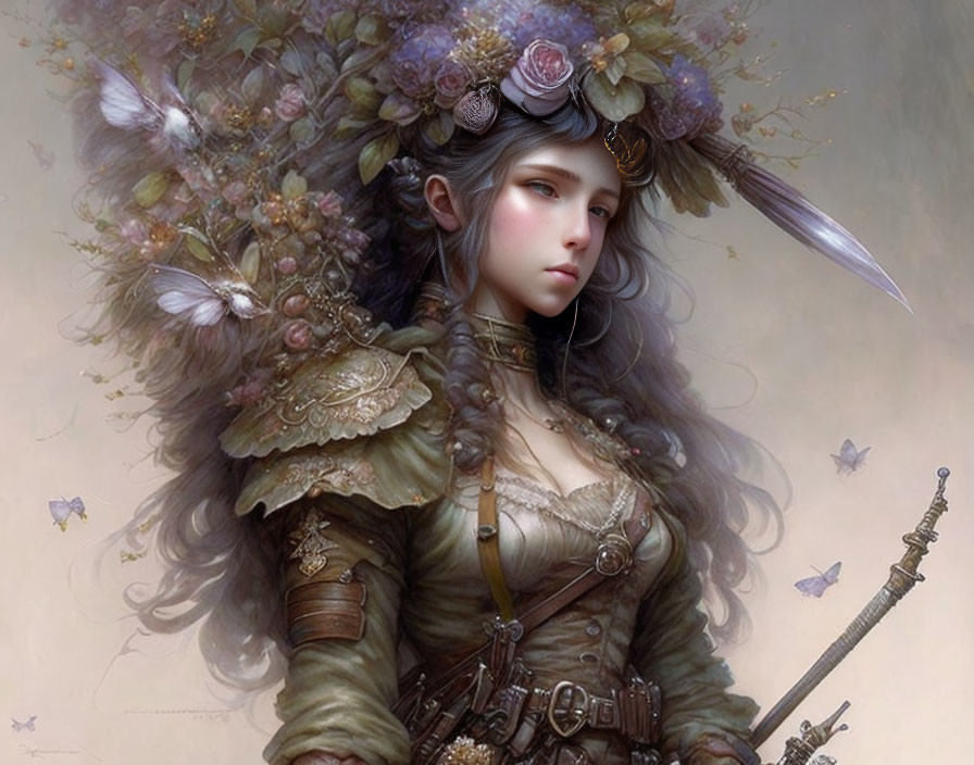 Fantasy illustration of woman in elven armor with floral headdress