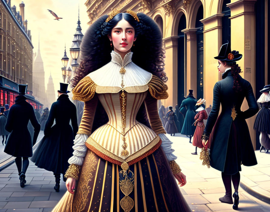 Stylized illustration of woman in ornate historical dress on city street