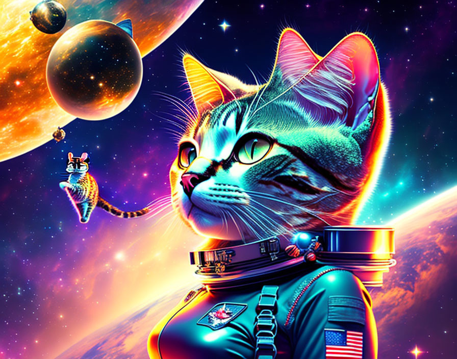 Colorful Digital Artwork: Cat in Space Suit with Cosmic Background